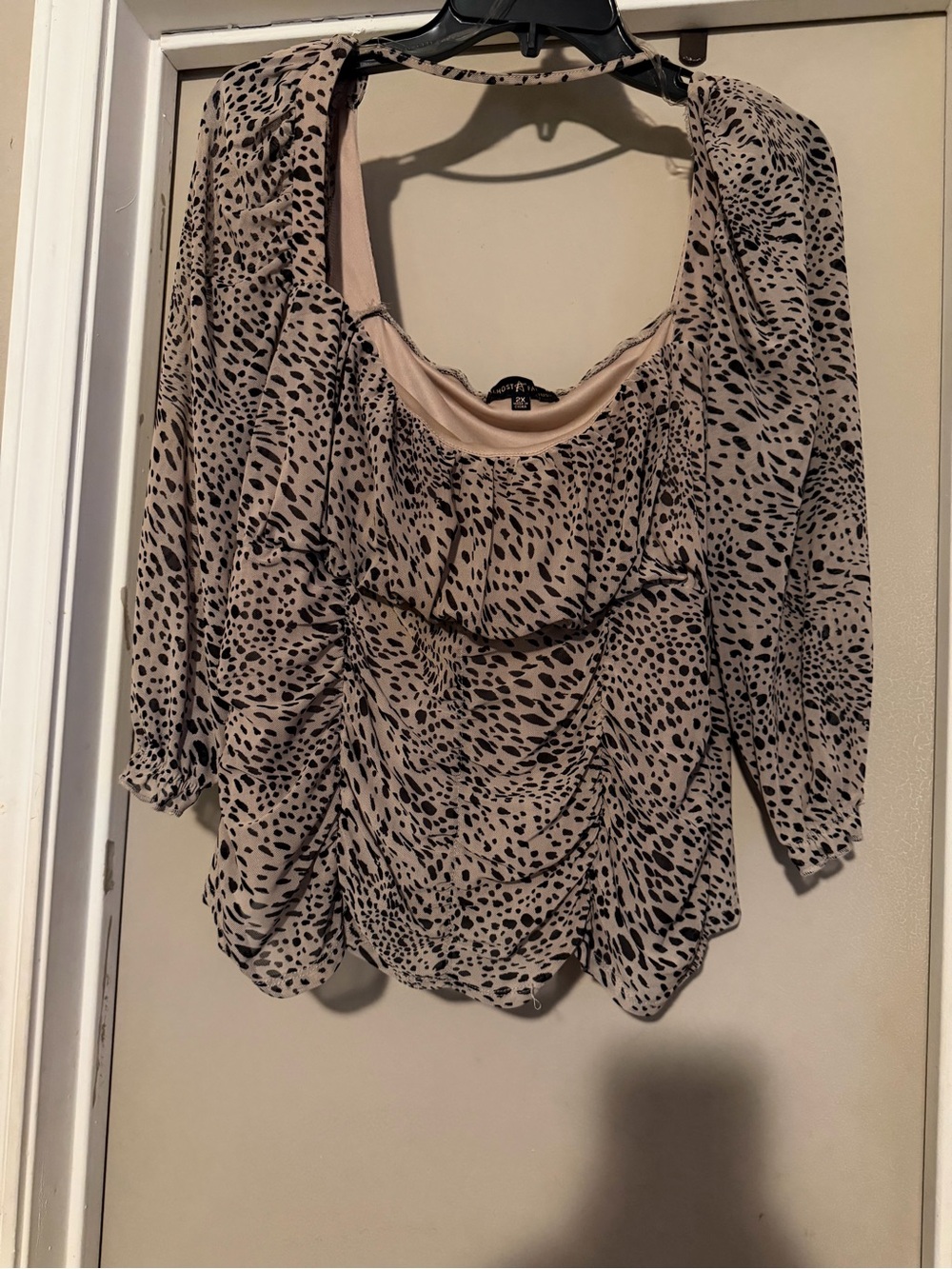 Almost Famous Beige and Black Animal-Print Ruffle Blouse